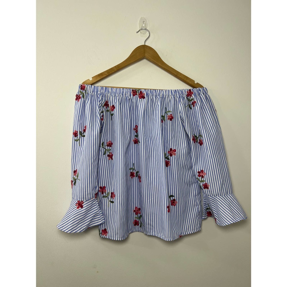 Flores Women's Off the Shoulder Blouse Blue Stripes Floral 3/4 Sleeve Size Small